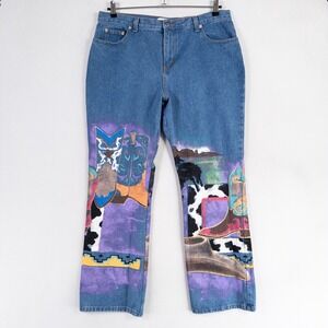 Vintage Kolorway USA Jeans Womens Sz XL Hand Painted Western Boots Cowgirl Bling